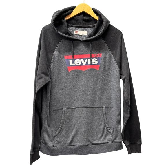 Levi's Hoodie Mens Medium Gray Black Red Logo Pullover Sweatshirt + Pockets - Picture 1 of 7